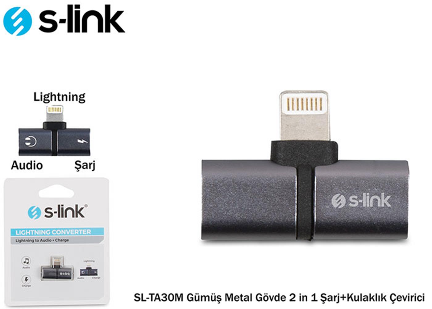 S-link%20SL-TA30M%20Lightning%20Gümüş%20Metal%20Gövde%202%20in%201%20Şarj+Kulaklık%20Çevirici