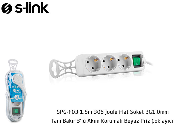 S-link%20SPG-F03%201.5m%20306%20Joule%20Flat%20Soket%203G1.0mm%20Tam%20Bakır%203%20lü%20Akım%20Korumalı%20Priz%20Çoklayıcı