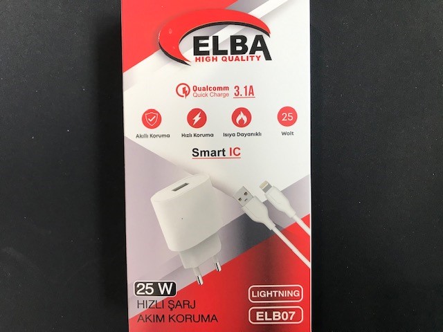 Elba%20ELB07-USB-25WIOS%20Beyaz%2025W%20Usb%20Ev%20Şarj%20Kafa+%20Usb%201mt%20Lightning%20Kablo%20QC4.0%20Hızlı%20Şarj